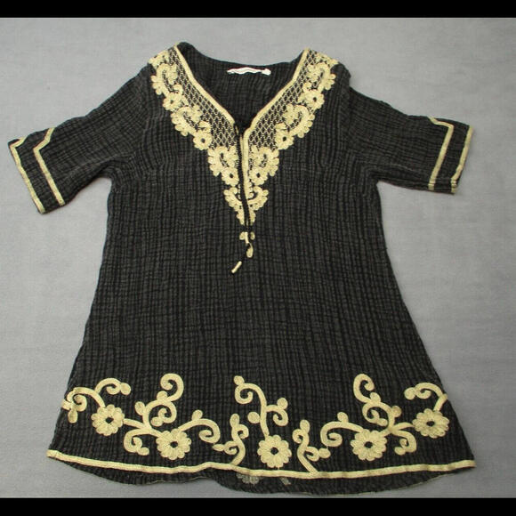 Soft Surroundings Sahara M black + Gold gauze collection short sleeve boho top - Picture 1 of 9